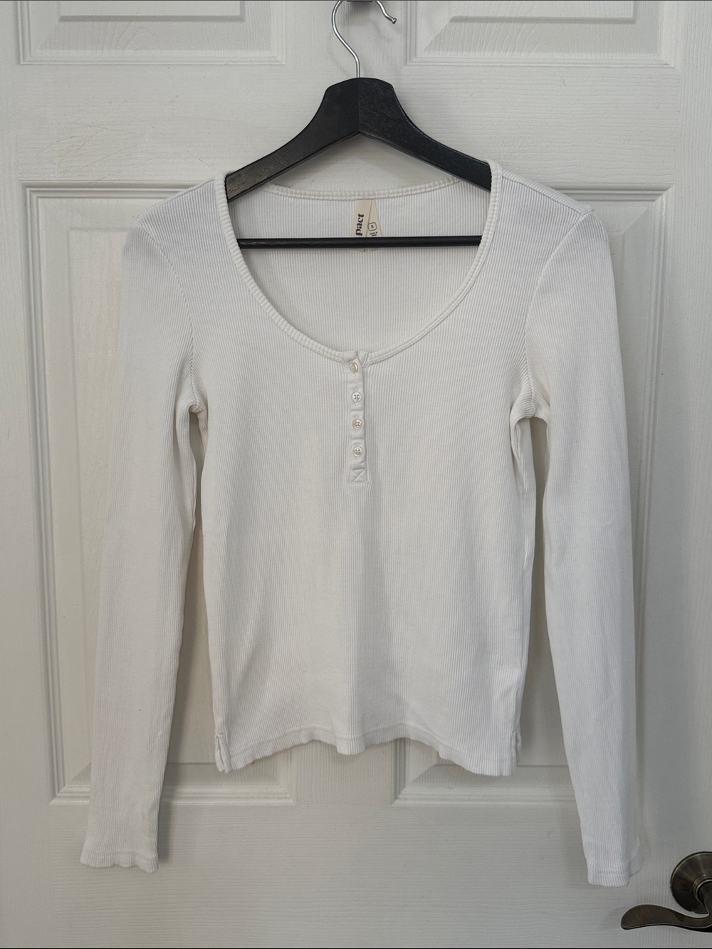 Pact Women's organic cotton White Ribbed Henley Long-Sleeve Top